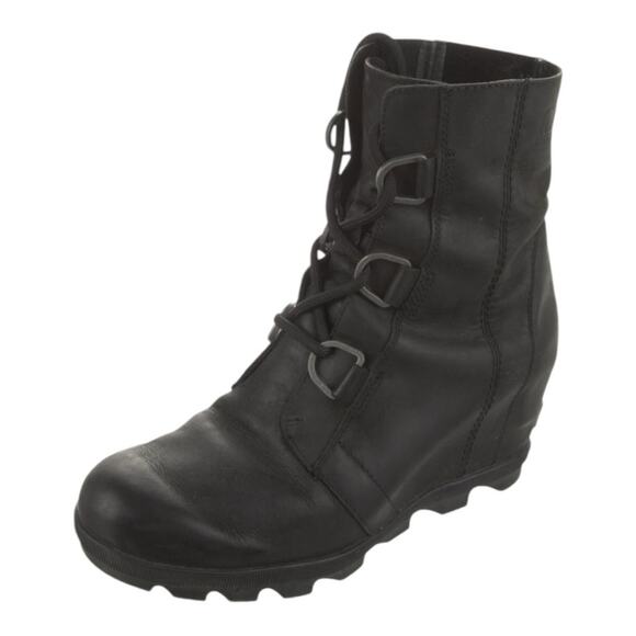 Sorel Women's Black Joan of Arctic Wedge II Leather Lace Up Boots Size 9.5 - Picture 1 of 8
